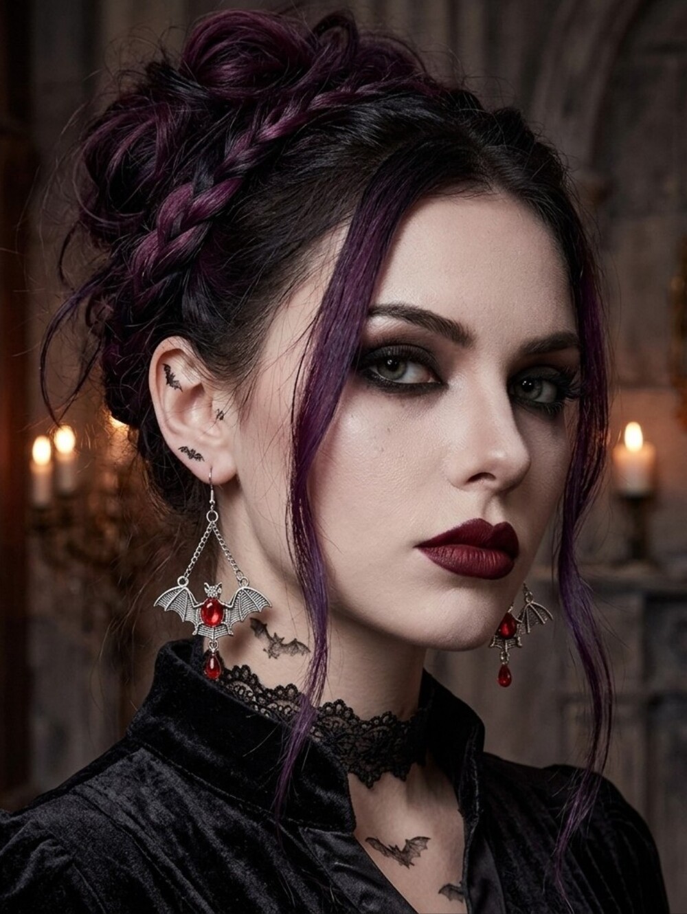 Gothic Bat Wing Vibrant Red Synthetic Gemstone Drop Earrings‎ Silver Plated